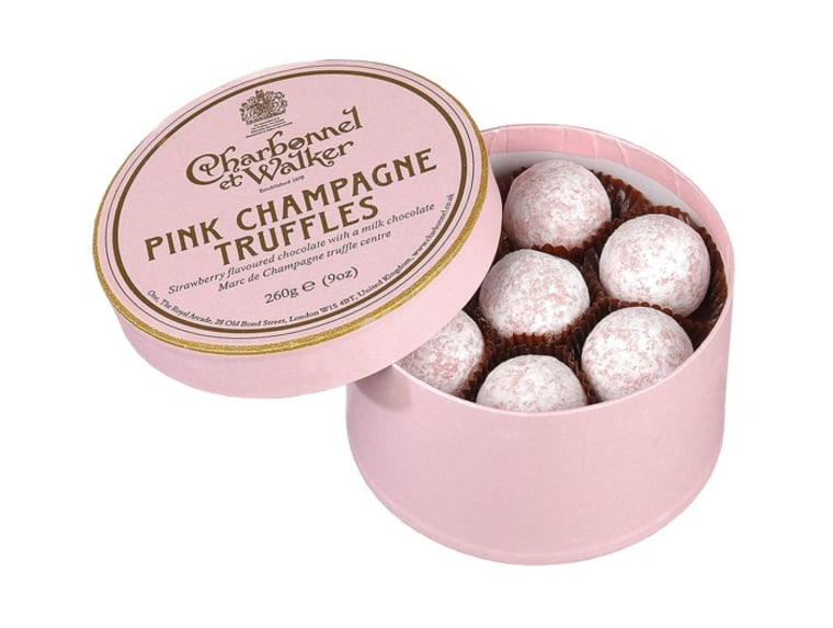 Charbonnel et Walker makes dozens of different chocolates, including a stunning Pink Champagne Truffle. Boxes start around $20.