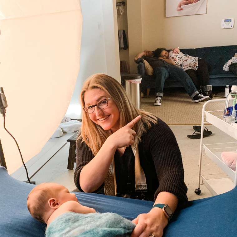 Exhausted parents Cindhi and Ross Davis fell asleep during their son Theodore's newborn photo shoot. 