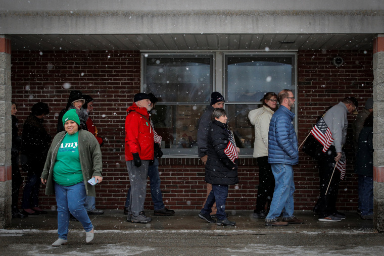 Image: Supporters wait in line to attend a campaign event for Democratic 2020 U.S. presidential candidate Senator Amy Klobuchar in Salem, New Hampshire