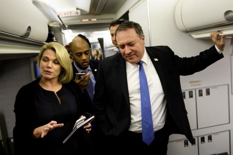 Image: Spokesperson Heather Nauert while US Secretary of State Mike Pompeo dialogues with reporters in his plane while flying from Panama to Mexico