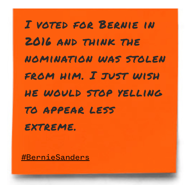 "I voted for Bernie in 2016 and think the nomination was stolen from him. I just wish he would stop yelling to appear less extreme."