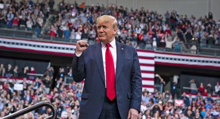 President Donald Trump arrives at a campaign rally on Feb. 10, 2020, in Manchester, N.H.