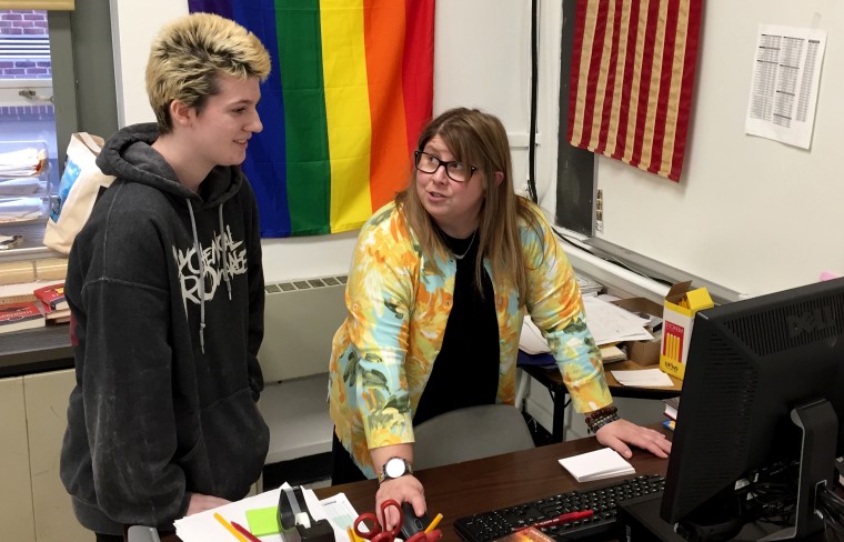 Image: Lola Rossi, a student at Haddon Heights High School in N.J., with the school's Gay Straight Alliance club supervisor, Anna Sepanic, on Feb. 5, 2020.