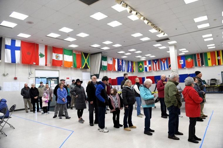Image: Voters wait in line to cast their votes at the Bicentennial Elementary School in New Hampshire's first-in-the-nation U.S. presidential primary election in Nashua