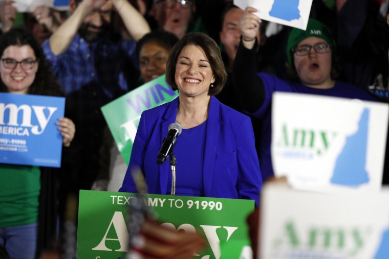 Image: Democratic presidential candidate Sen. Amy Klobuchar, D-Minn., speaks at her election night party, Tuesday, Feb. 11, 2020, in Concord, N.H.