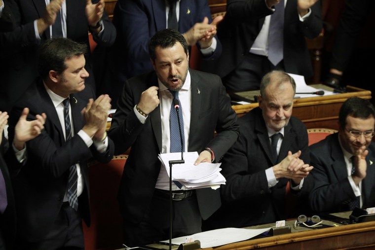 Image: Opposition populist leader Matteo Salvini speaks at the end of the debate at the Italian Senate.