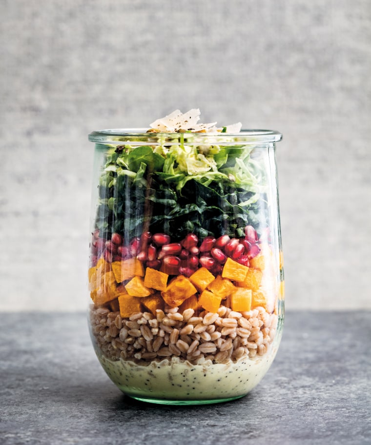 Image: Fall harvest mason jar salad with creamy seed dressing.