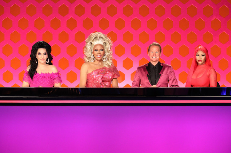 Michelle Visage, RuPaul, and Carson Kressley and Nicki Minaj, who is among the judges appearing on "RuPaul's Drag Race" season 12.