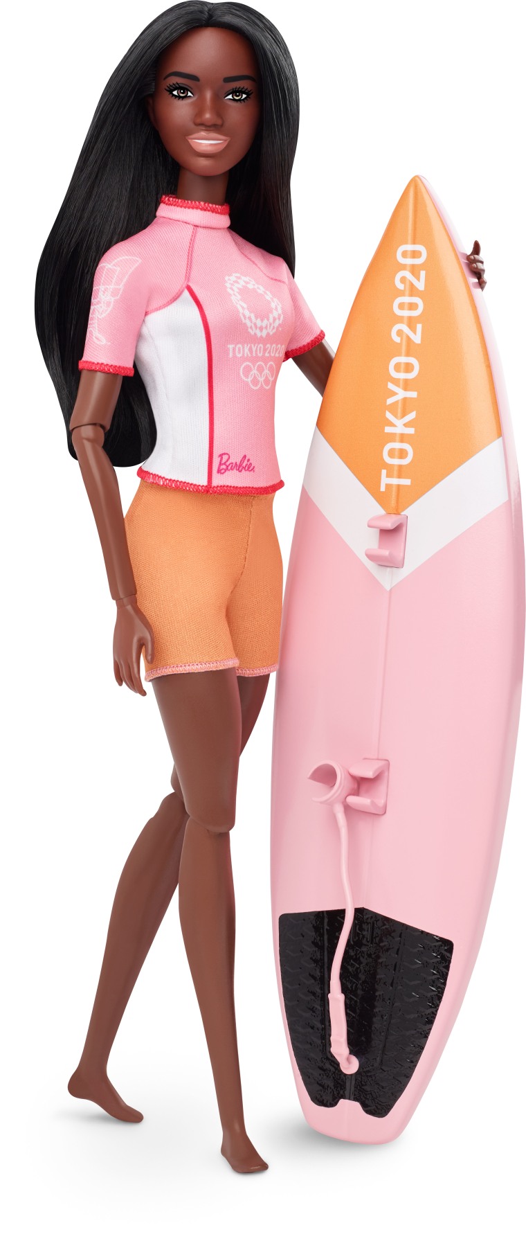 The Olympic surfer Barbie doll wears a wetsuit and comes with a surfboard.