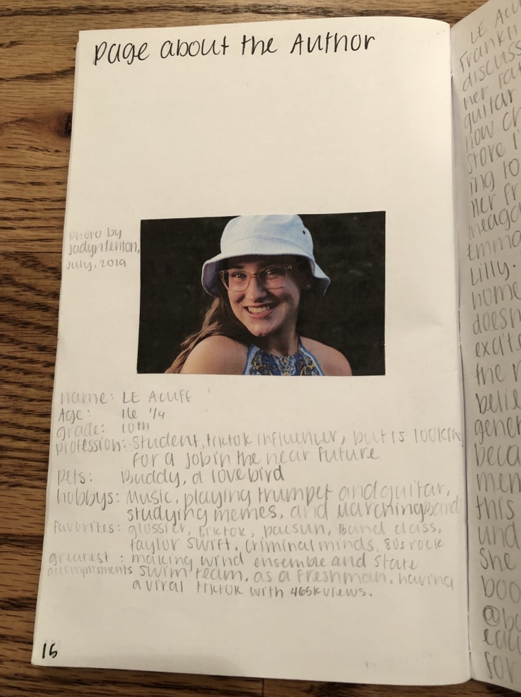 L.E. Acuff's "meme guide" even included an "about the author" page, where she boasts one of her greatest accomplishments other than playing the trumpet and being a part of a swim team is "having a viral TikTok with 465 thousand views."