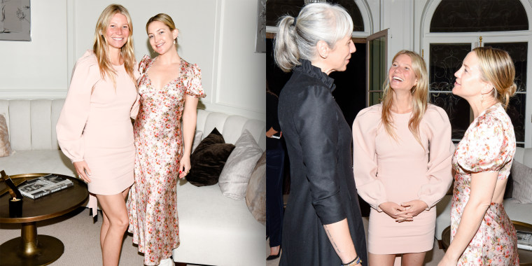 Gwyneth Paltrow and Kate Hudson pose for a makeup free picture (left) and both chat with artist Alexandra Grant (right).