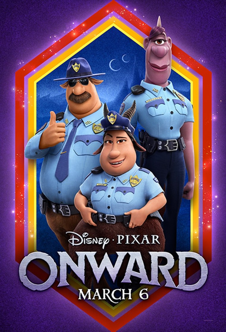 Officer Specter (Lena Waithe), Colt Bronco (Mel Rodriguez) and Officer Gore (Ali Wong) in a poster for Onward.