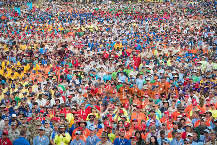 Image: Boy Scouts listen as President Donald Trump speaks during the National Boy Scout Jamboree