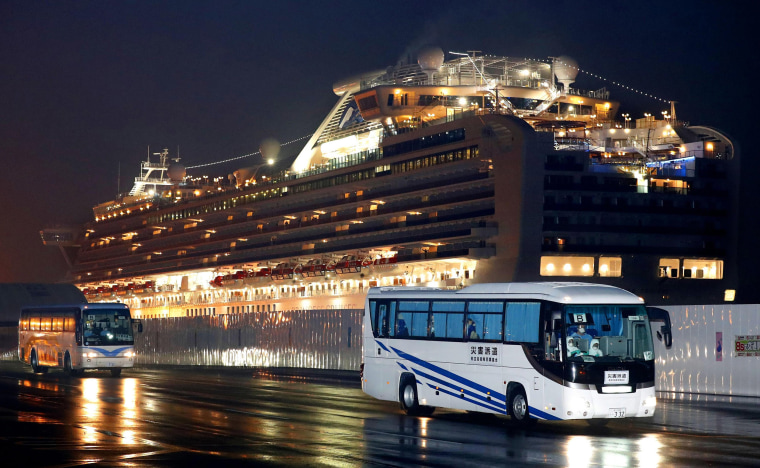 Image: Buses carrying passengers who were aboard the quarantined cruise ship the Diamond Princess leave Yokohama port, near Tokyo, early Monday.