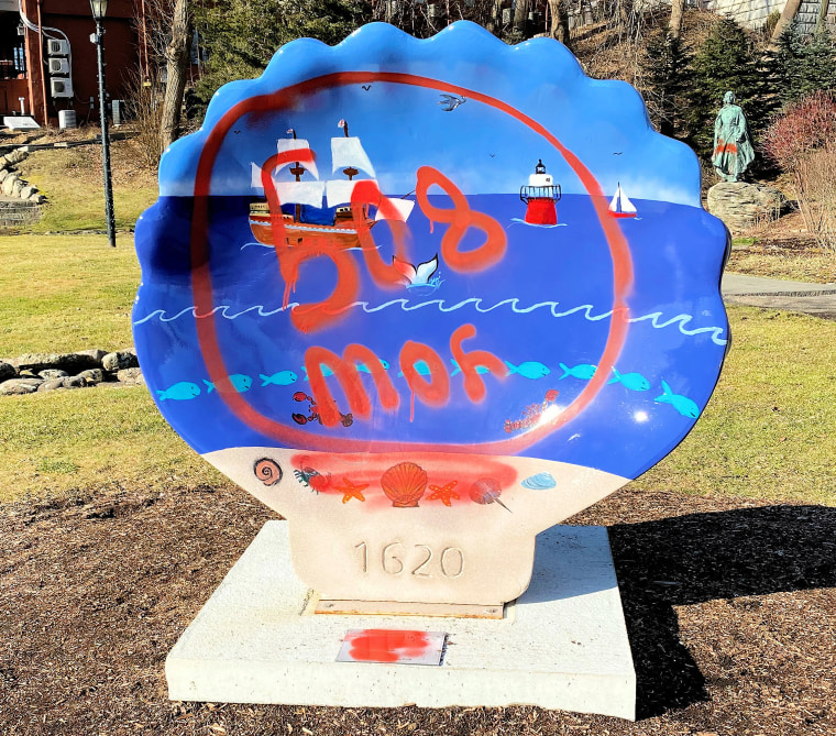 A decorative clam shell that was vandalized in the town of Plymouth, Mass. on Feb. 17, 2020.
