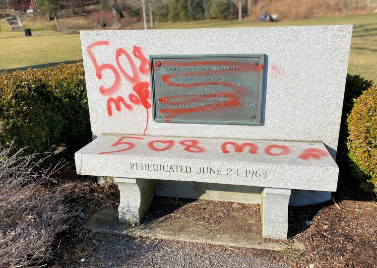 A historic bench that was vandalized in the town of Plymouth, Mass. on Feb. 17, 2020.