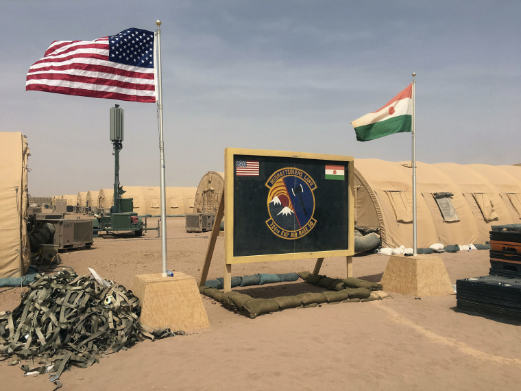 Image: A U.S. and Niger flag at an air base in Agadez, Niger in April 2018.