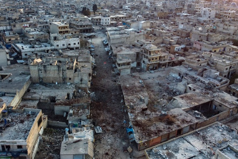 Image: An aerial view shows the town of Atareb in the rebel-held western countryside of Syria's Aleppo province on Feb. 18, 2020, as regime forces push on with their offensive in the country's northwest.