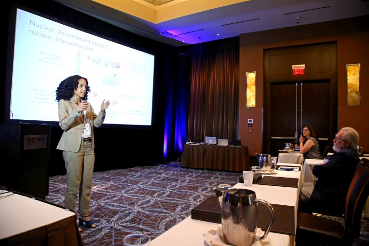 Mareena Robinson Snowden doing a presentation about nuclear science.