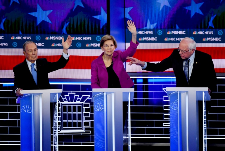 Image: Mike Bloomberg, Sen. Elizabeth Warren and Sen. Bernie Sanders speak at a Democratic presidential primary debate in Las Vegas on Feb. 19, 2020.