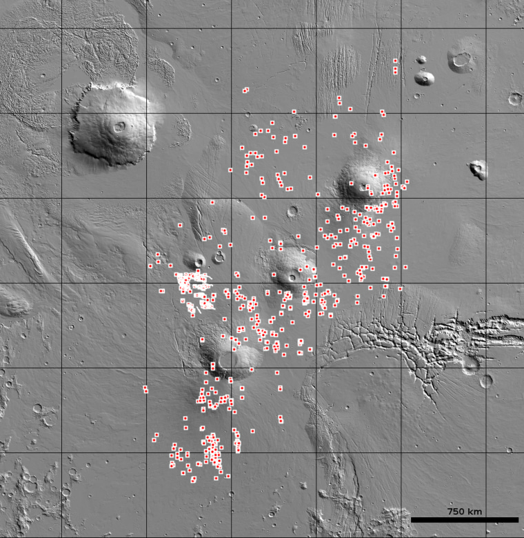 The U.S. Geological Survey's (USGS) Astrogeology Science Center has released the locations of more than 1,000 cave-entrance candidates on Mars. The dots indicate the location of possible caves in the Tharsis region on Mars.