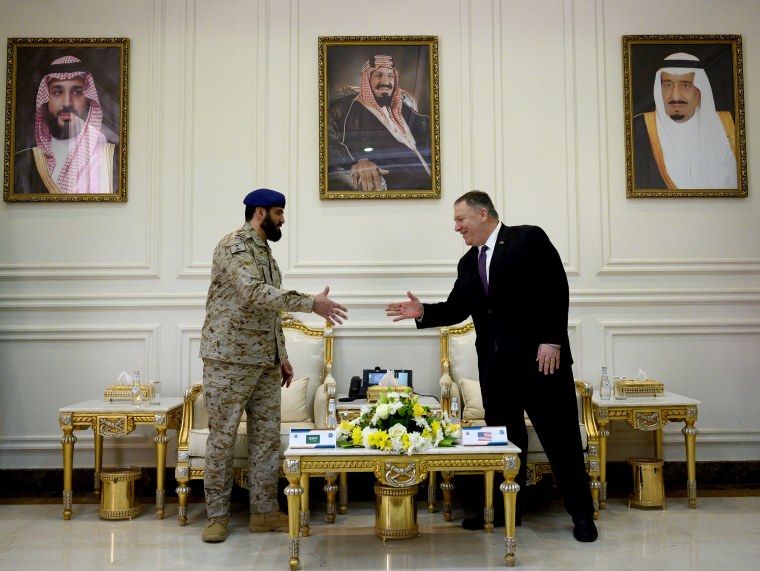 Image: Secretary of State Mike Pompeo greets Saudi Major General Shablan after visiting the Prince Sultan Air Base in Saudi Arabia on Feb. 20, 2020.