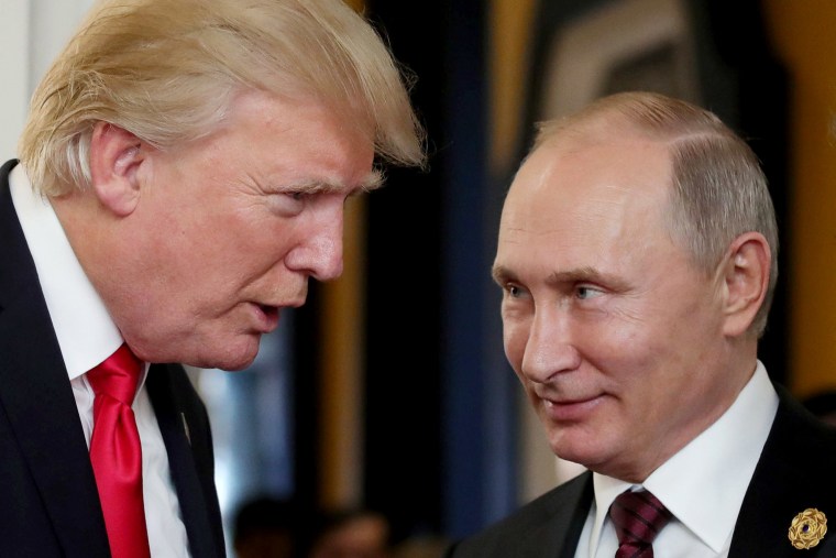 Image: President Donald Trump chats with Russia's President Vladimir Putin in the central Vietnamese city of Danang