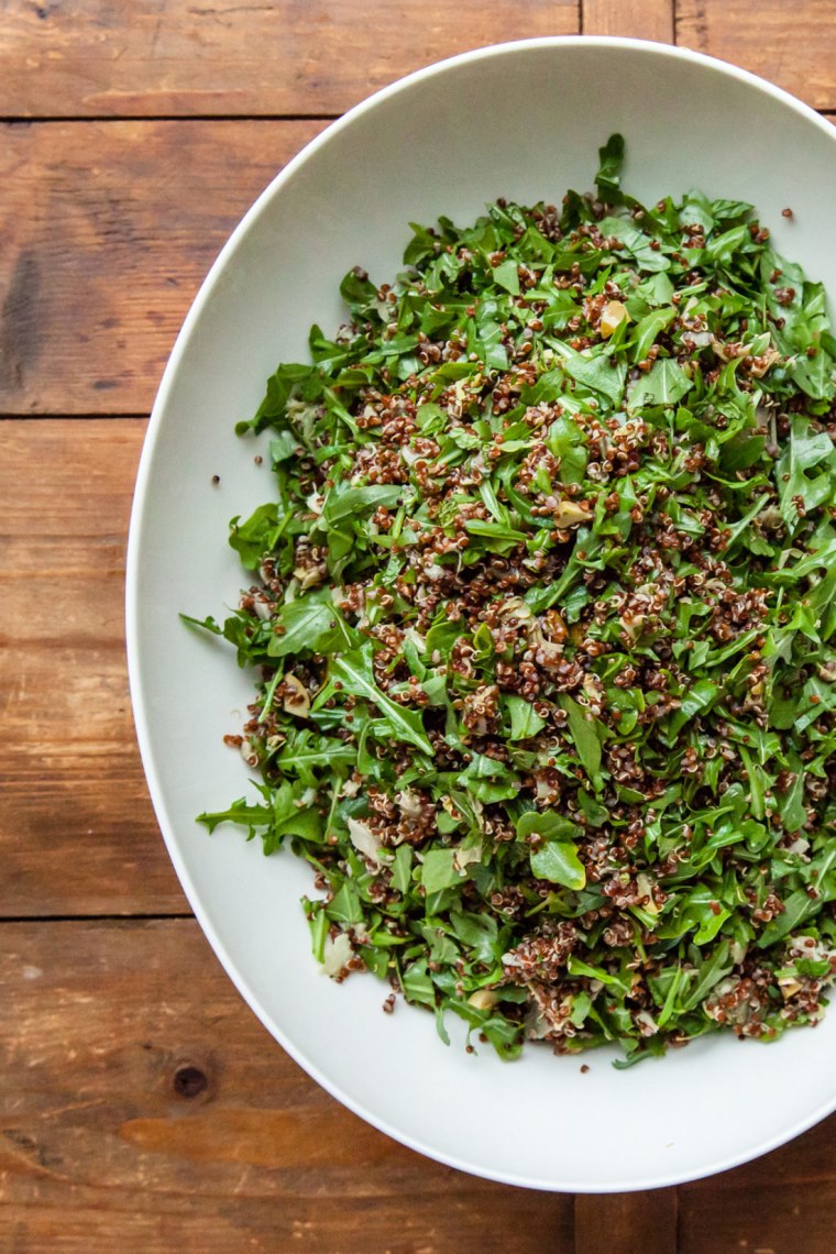 Red Quinoa Salad with Arugula, Artichoke Hearts, and Olives