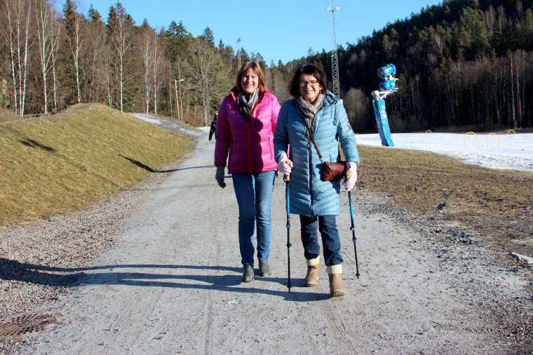 Lise Lotte Storløkken, 70, out for a walk outside Oslo. She said a lack of snow has kept her from skiing.