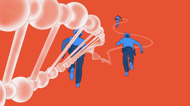 Illustration of swirling DNA threads and two cops chasing a man.