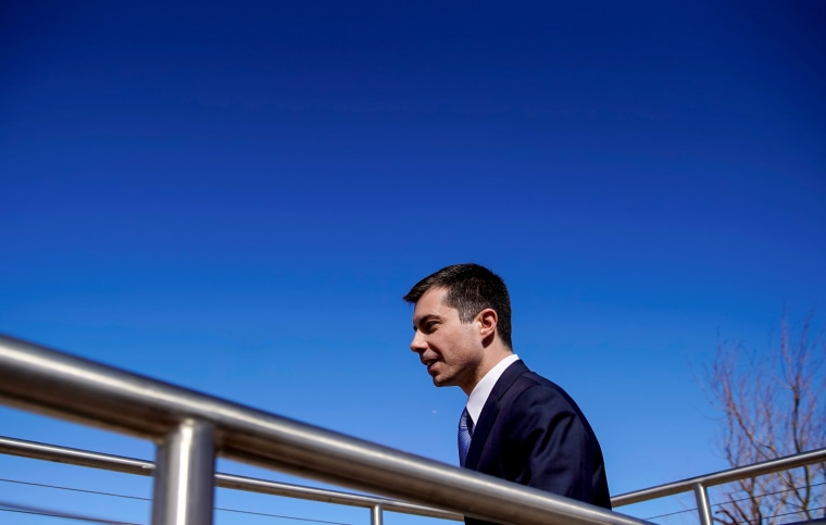 Image: Pete Buttigieg arrives for a roundtable with environmental activists and Native American leaders in Las Vegas on Feb. 21, 2020.