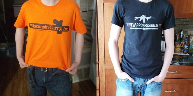 Two students at Kettle Moraine High School in Wales, Wisconsin, said they were asked to cover up their T-shirts. One shirt shows a gun and "Wisconsin Carry Inc." The other shirt shows a gun and the words "Pew Professional."