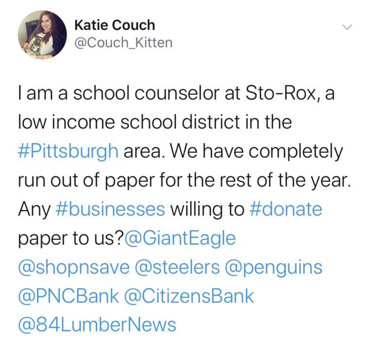 Staff at Sto-Rox Upper Elementary School feel stunned that so many people donated paper in response to school counselor Katie Couch's tweet. 