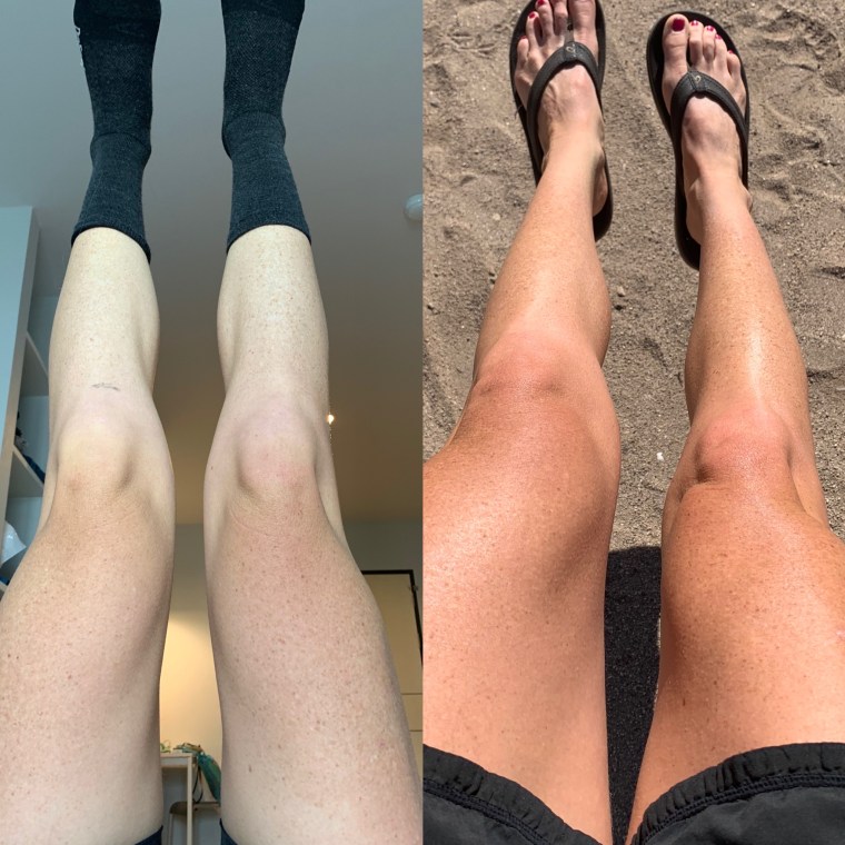 The natural color of my legs (on the left) and my legs after using Fake Bake Flawless (on the right)