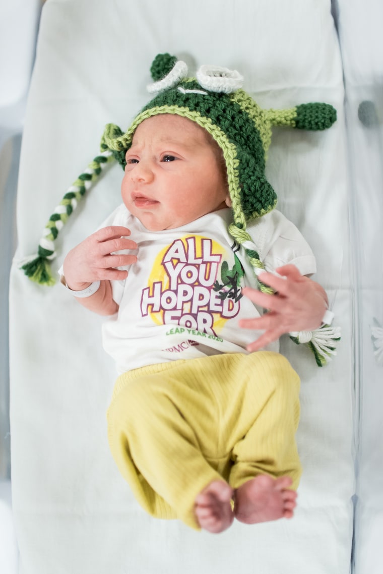 A cute leap year baby in a crocheted cap at Magee-Womens Hospital