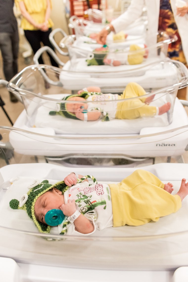 Leap year babies at Magee-Womens Hospital dressed up as grasshopper characters from Scott Sutton's children's book, "I Love You Like..."