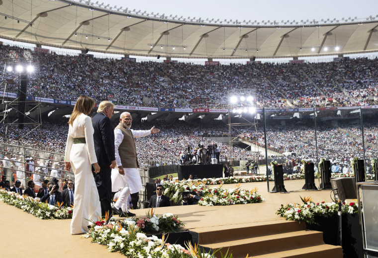 President Donald Trump, first lady Melania Trump, and Indian Prime Minister Narendra Modi arrive for a "Namaste Trump," event at Sardar Patel Stadium,