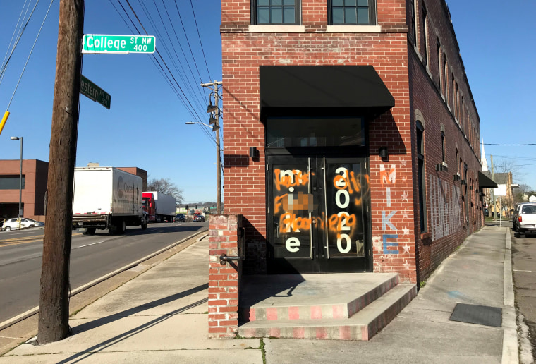 Image: Mike Bloomberg's Knoxville campaign office was vandalized with graffiti on Feb. 21, 2020.
