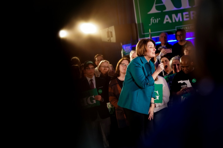 Image: Sen. Amy Klobuchar speaks at a campaign event in Des Moines, Iowa, on Feb. 1, 2020.