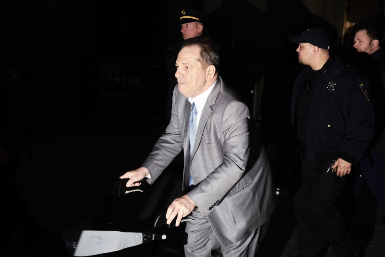 Image: Harvey Weinstein leaves Manhattan Criminal Court as jury deliberations begin on Feb. 18, 2020.
