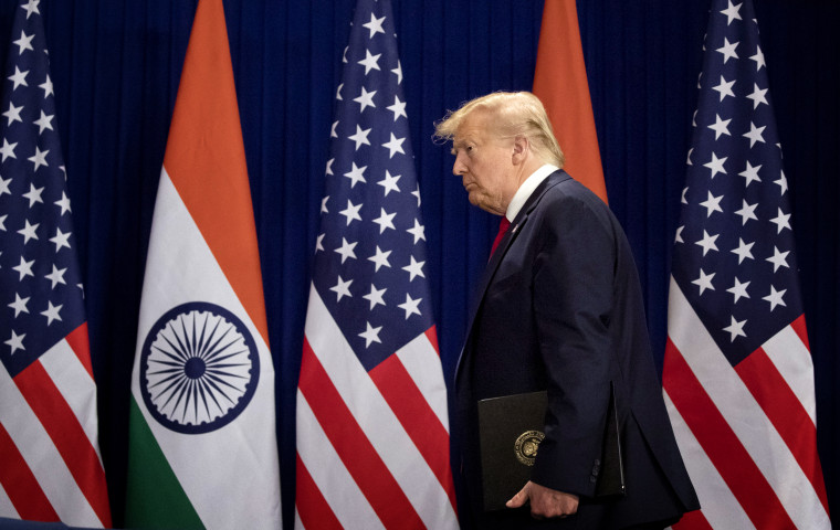 Image: President Donald Trump arrives for a news conference in New Delhi on Tuesday.