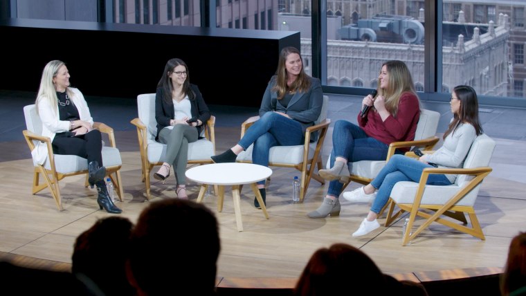 At the For The Women gaming summit in Philadelphia on Feb. 13, from left to right:  Danielle Cohn, VP Start-Up Engagement, LIFT Labs; Jessica Romanelli David, Director of Marketing, SeventySix Capital;  Paige Funk, Marketing Director, Nerd Street Gamers; Heather Garozzo, VP of Marketing, Dignitas; Julie Truong, Director of Business Operations, Philadelphia Fusion.