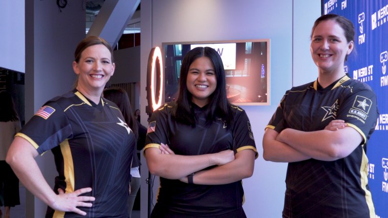 From left to right, at the For The Women gaming summit in Philadelphia on Feb. 13: Master Sgt. Rose Ryon, Sgt. Nicole Ortiz, Sgt. 1st Class Megan Lomonof.