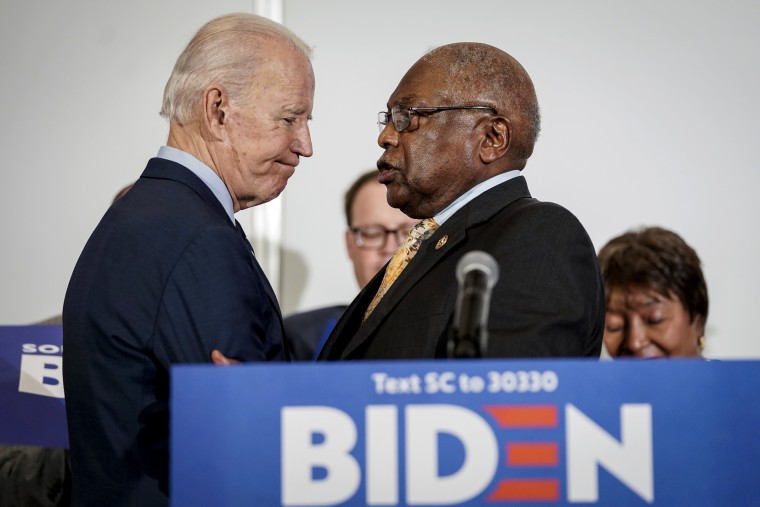 Image: Joe Biden shakes hands with Rep. James Clyburn, R-S.C., after receiving Clyburn's endorsement for president in North Charleston, S.C., on Feb. 26, 2020.