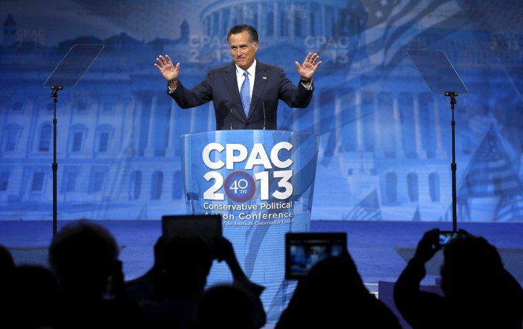 Image: Former Republican Presidential candidate Romney acknowledges supporters as he speaks at the Conservative Political Action Conference at National Harbor, Maryland