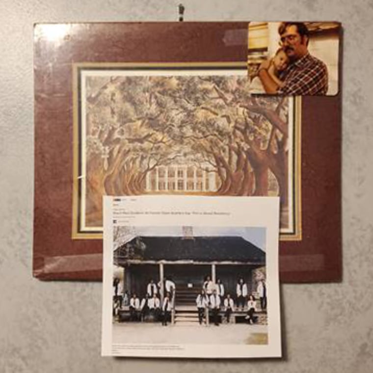 Rachel Barnes as a baby with her father and a photograph of black medical students hang over a family painting of a Southern plantation.