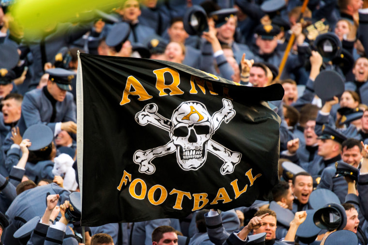 Image: The Army Black Knights flag during a football game between Army and the Navy Midshipmen in Philadelphia in 2015.
