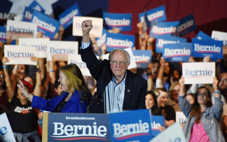 Image: U.S. Democratic presidential candidate Senator Bernie Sanders celebrates after being declared the winner of the Nevada Caucus as he holds a campaign rally in San Antonio