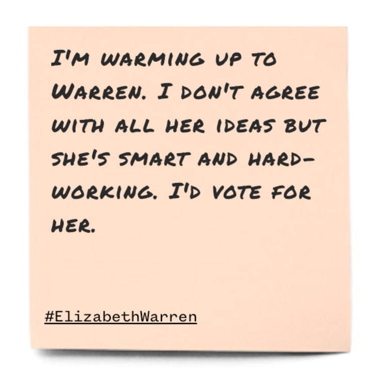 I'm warming up to Warren. I don't agree with all her ideas but she's smart and hard-working. I'd vote for her.