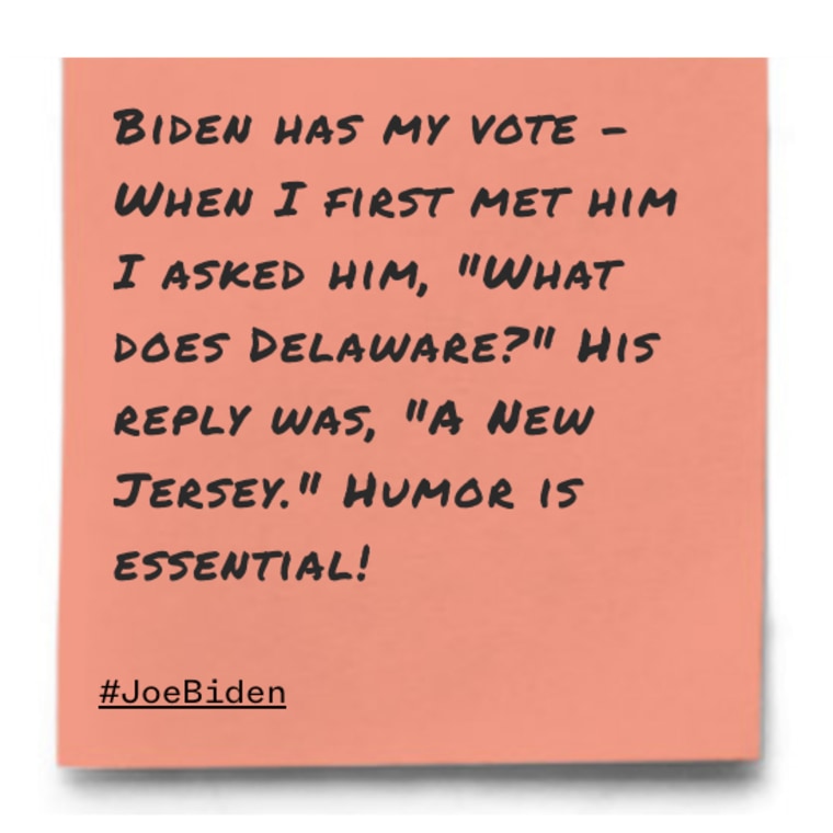 Biden has my vote - When I first met him I asked him, "What does Delaware?" His reply was, "A New Jersey." Humor is essential!